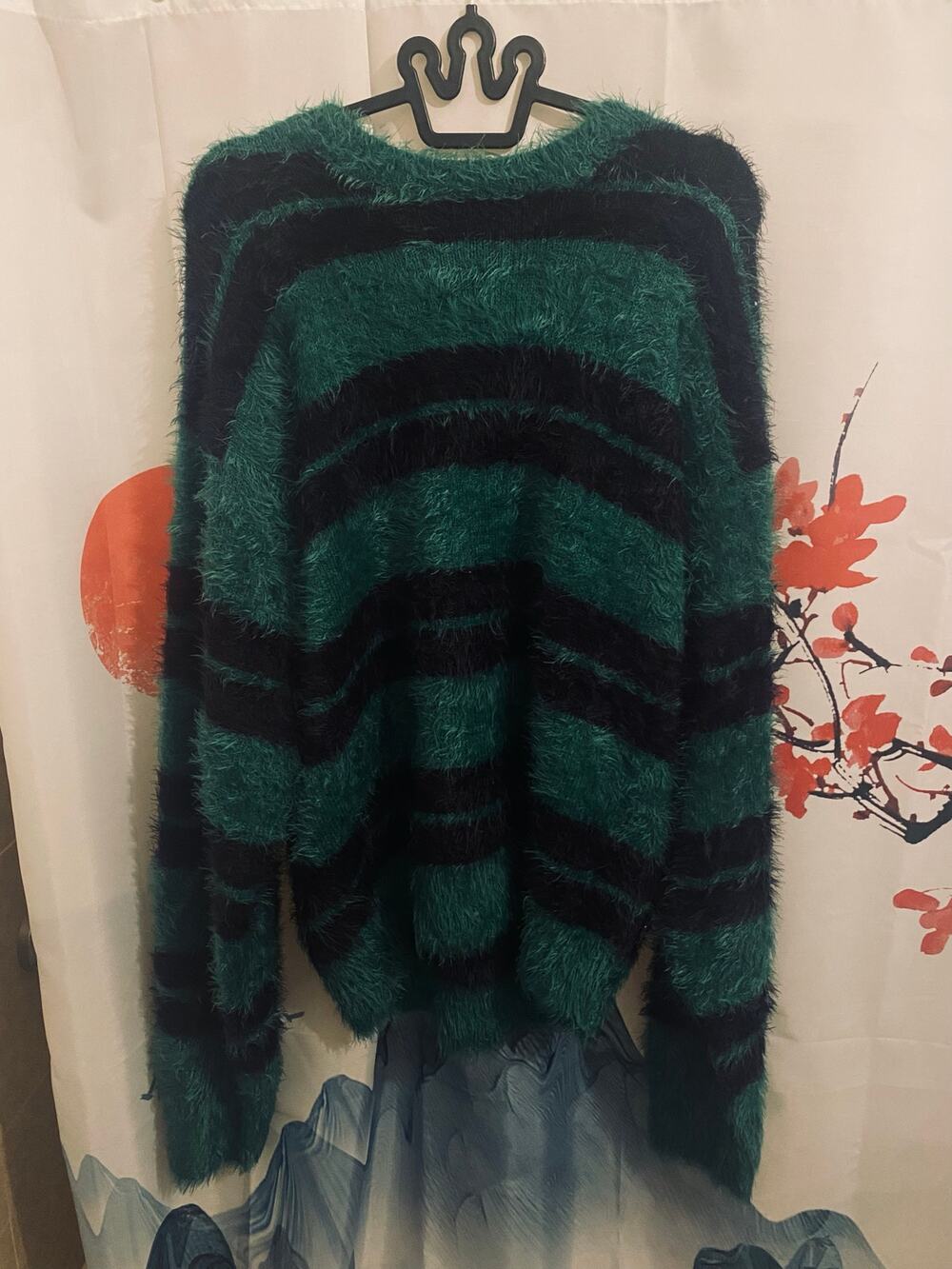Stussy Black / Green Striped Hairy Crewneck Sweater